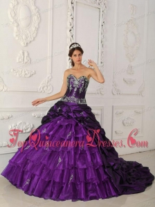 Purple Ball Gown Sweetheart Chapel Train Taffeta and Organza Appliques Perfect Quinceanera Dress