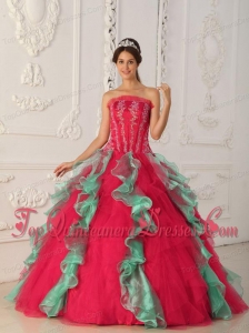Red and Green Ball Gown Strapless Floor-length Appliques and Beading Perfect Quinceanera Dress