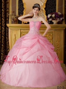 Rose Pink Ball Gown Strapless Floor-length Organza Beading Perfect Quinceanera Dress