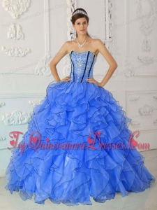 Blue Ball Gown Strapless Floor-length Organza Appliques Fashionable Quinceanera Dress