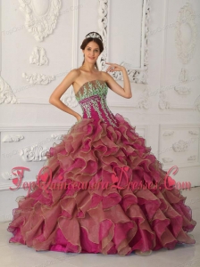 Fuchsia Ball Gown Strapless Floor-length Organza Beading and Appliques Fashionable Quinceanera Dress