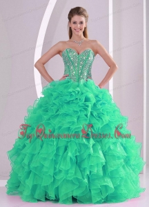 Green Ball Gown Sweetheart Ruffles and Beading Long Perfect Quinceanera Gowns in Sweet 16