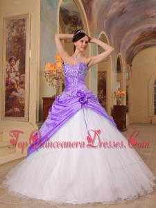Lilac and White A-Line Sweetheart Floor-length Beading Tulle and Taffeta Perfect Quinceanera Dress