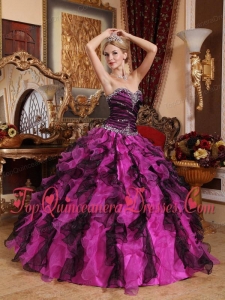 Popular Fuchsia and Black Sweetheart Floor-length Beading and Ruffles Quinceanera Dress