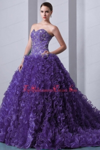 Popular Purple A-Line / Princess Sweetheart Brush Train Organza Beading and Ruffles Quinceanea Dress