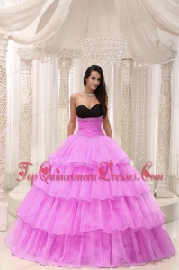 Popular Rose Pink Sweetheart Beaded and Layers Ball Gown Quinceanera Dress Taffeta and Organza