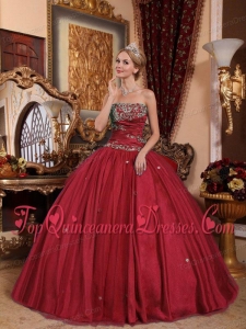 Popular Wine Red Ball Gown Strapless Floor-length Taffeta and Tulle Appliques Quinceanera Dress