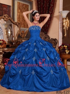 Pretty Blue Ball Gown Strapless Floor-length Taffeta Appliques Quinceanera Dress