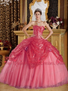 Pretty Coral Red Ball Gown Sweetheart Floor-length Sequined and Tulle Handle Flowers Quinceanera Dress