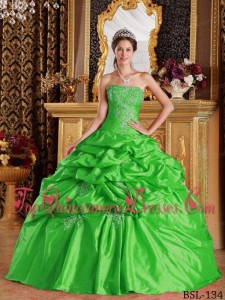 Pretty Green Ball Gown Strapless Floor-length Pick-ups Taffeta Quinceanera Dress