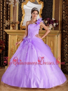 Pretty Lavender Ball Gown One Shoulder Floor-length Appliques Tulle Quinceanera Dress