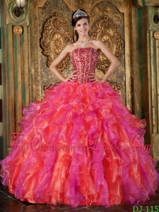 Pretty Multi-Color Ball Gown Strapless Floor-length Organza Beading and Ruffles Quinceanera Dress