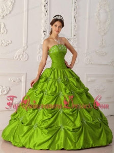 Pretty Olive Green Ball Gown Strapless Floor-length Taffeta Appliques and Beading Quinceanera Dress