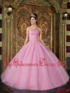 Rose Pink Ball Gown Strapless Floor-length Appliques Tulle Fashionable Quinceanera Dress