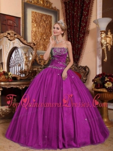 Fuchsia Ball Gown Strapless Floor-length Taffeta and Tulle Appliques Perfect Quinceanera Dress