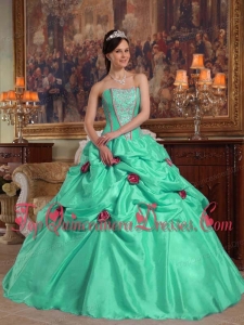 Apple Green Ball Gown Strapless Floor-length Taffeta Beading and 3D Flower Fashionable Quinceanera Dress
