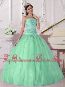 Apple Green Ball Gown Strapless Floor-length Taffeta and Tulle Beading Perfect Quinceanera Dress
