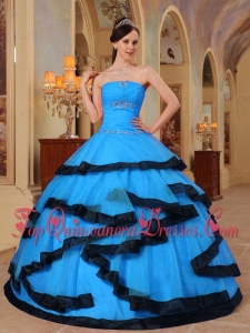 Aqua Blue and Black Strapless Floor-length Organza Appliques Fashionable Quinceanera Dress