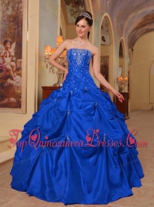 Blue Ball Gown Strapless Floor-length Taffeta Beading and Embroidery Puffy Sweet 16 Gowns