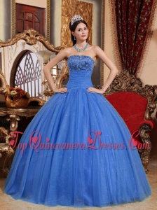 Blue Ball Gown Strapless Floor-length Tulle Embroidery with Beading Fashionable Quinceanera Dress
