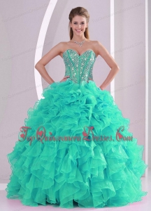 Fall Ball Gown Sweetheart Ruffles and Beaded Decorate Turquoise Puffy Sweet 16 Gowns