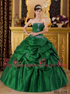 Green Ball Gown Strapless Floor-length Taffeta Appliques Vestidos de Quinceanera