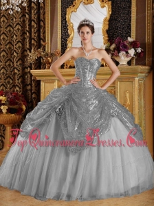 Grey Ball Gown Sweetheart Floor-length Sequined and Tulle Handle Flowers Puffy Sweet 16 Gowns