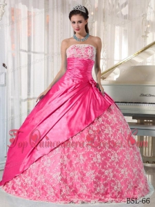 Hot Pink Ball Gown Strapless Floor-length Taffeta Lace Unique Quinceanera Dress