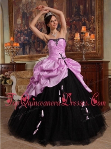 Pink and Black Ball Gown Sweetheart Floor-length Hand Flowers Tulle and Taffeta Fashionable Quinceanera Dress