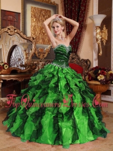 Pretty Ball Gown Green and Black Sweetheart Beading and Ruffles Quinceanera Dress