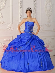Pretty Blue Ball Gown Strapless Floor-length Taffeta Appliques Quinceanera Dress