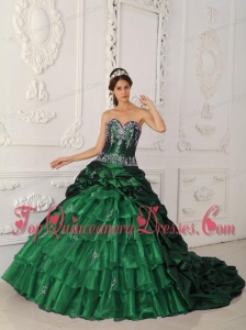 Pretty Dark Green Ball Gown Sweetheart Chapel Train Taffeta and Organza Appliques Quinceanera Dress