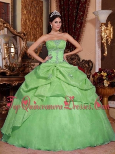 Pretty Green Ball Gown Strapless Floor-length Organza Beading Quinceanera Dress