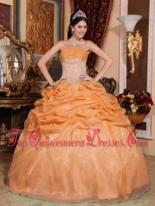Pretty Orange Ball Gown Strapless Floor-length Organza Appliques Quinceanera Dress
