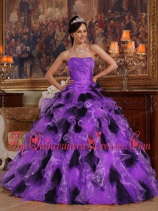 Pretty Purple and Black Ball Gown Strapless Floor-length Organza Quinceanera Dress