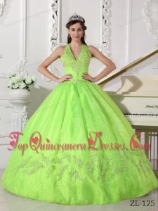 Pretty Yellow Green Ball Gown Halter Floor-length Taffeta and Organza Appliques Quinceanera Dress