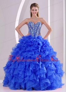Puffy Royal Blue Sweetheart Ruffles and Beaded Decorate Sweet 16 Gowns On Sale
