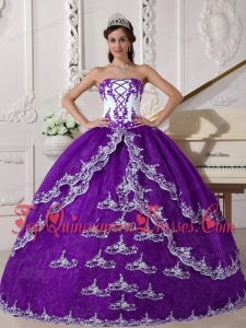 Purple and White Ball Gown Strapless Floor-length Organza Appliques Fashionable Quinceanera Dress
