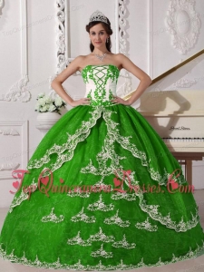 Spring Green and White Ball Gown Strapless Floor-length Organza Appliques Unique Quinceanera Dress