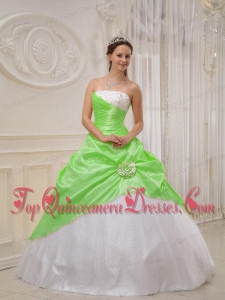 Spring Green and White Strapless Floor-length Beading Fashionable Quinceanera Dress
