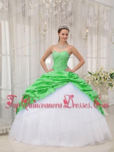Spring Green and White Sweetheart Floor-length Beading Fashionable Quinceanera Dress