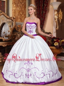 White and Purple Strapless Floor-length Satin Embroidery Fashionable Quinceanera Dress