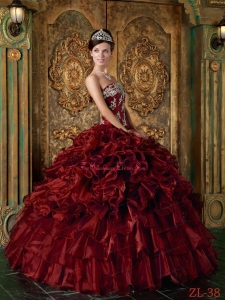Wine Red Ball Gown Strapless Floor-length Organza Ruffles Puffy Sweet 16 Gowns