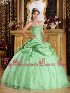 Apple Green Ball Gown Strapless Floor-length Tulle and Taffeta Beading Vestidos de Quinceanera