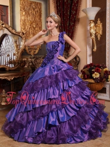 Ball GownOne Shoulder Taffeta and Organza Hand Made Flowers Unique Quinceanera Dress