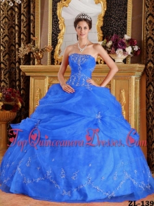 Blue Ball Gown Strapless Floor-length Organza Appliques Vestidos de Quinceanera
