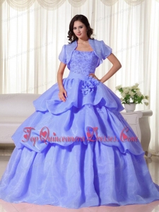 Blue Ball Gown Strapless Floor-length Organza Hand Flowers Unique Quinceanera Dress