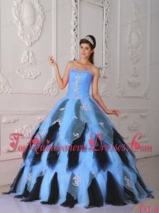 Blue and Black A-Line / Princess Strapless Floor-length Organza Appliques Vestidos de