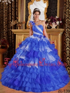 Blue and White One Shoulder Floor-length Ruffles and Beading Vestidos de Quinceanera