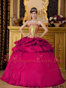 Coral Red Ball Gown Strapless Floor-length Appliques Taffeta Cheap Quinceanera Dress